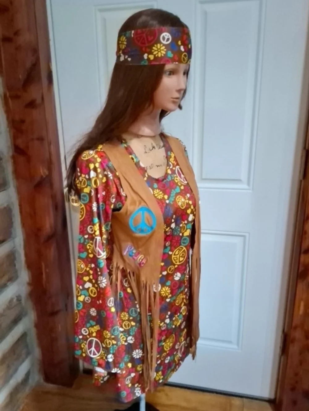 Retro Peace Sign Print Mini Dress with Fringe Vest - Multicolor